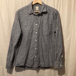 Giordano Mens Slim Fit Linen Cotton Blend Button Down Shirt Blue Grey Medium